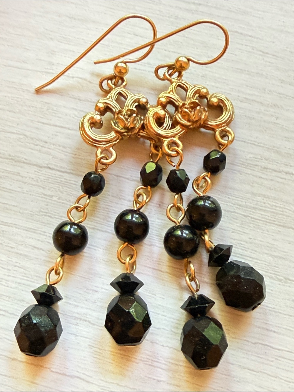 Gold-Tone Black Bead Dangle Earrings